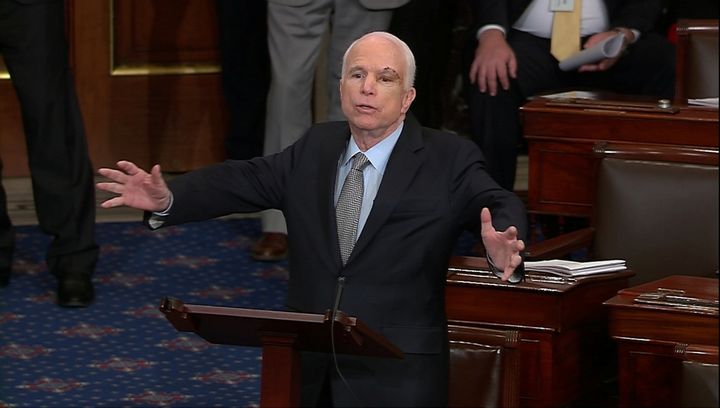 Sen. John McCain (R-Ariz.), who had been recuperating in Arizona after being diagnosed with brain cancer, speaks on the floor of the Senate on Tuesday after returning to Washington for a vote on health care reform.
