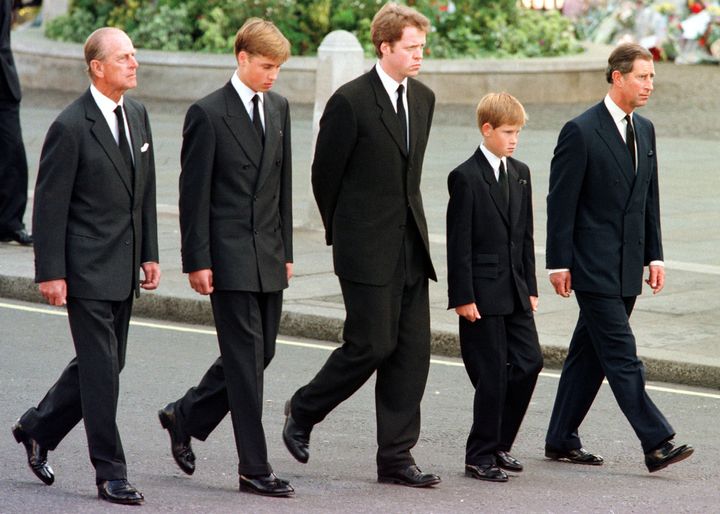 Earl Spencer, third from left, walked alongside the Duke of Edinburgh, Princes William and Harry, and their father Prince Charles