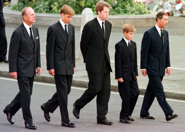 <strong>Earl Spencer, third from left, walked alongside the Duke of Edinburgh, Princes William and Harry, and their father Prince Charles</strong>