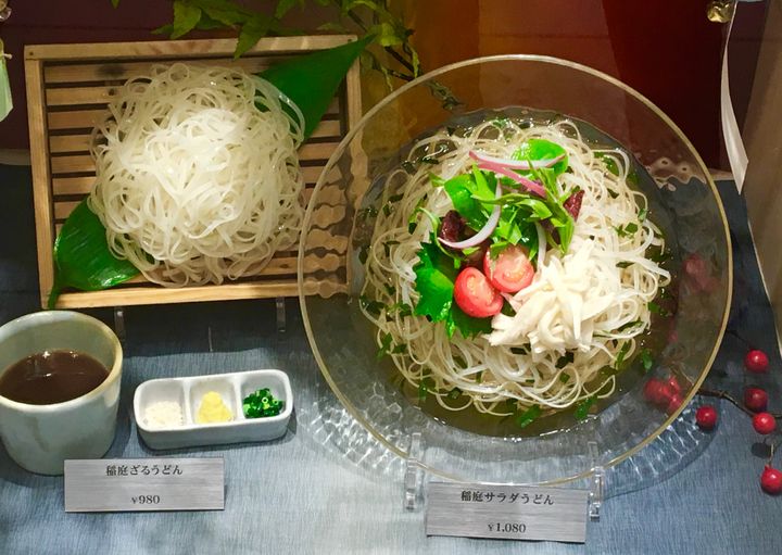 Cold Salad Ramen in the window of a noodle shop. 