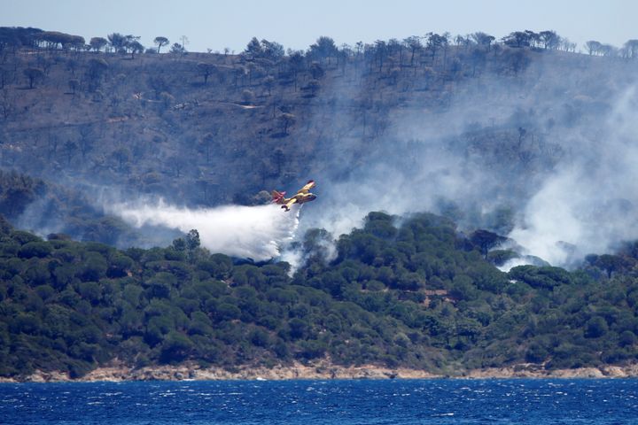 A firefighting plane drops water to extinguish a forest fire on La Croix-Valmer 