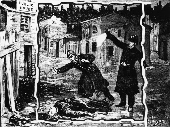 An illustration showing the police discovering the body of one of Jack the Ripper's victims, probably Catherine Eddowes