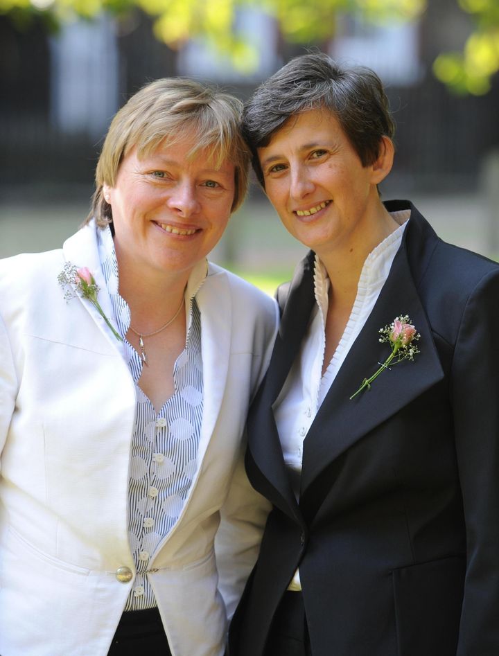 Angela Eagle with her partner Maria Exall at their civil partnership ceremony 