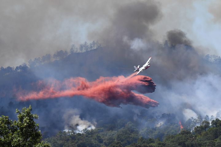 A firefighting Canadair aircraft drops fire retardant over a blaze near Bormes-les-Mimosas.