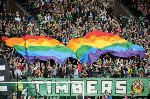 A rainbow flag at a Portland Timbers game in June.