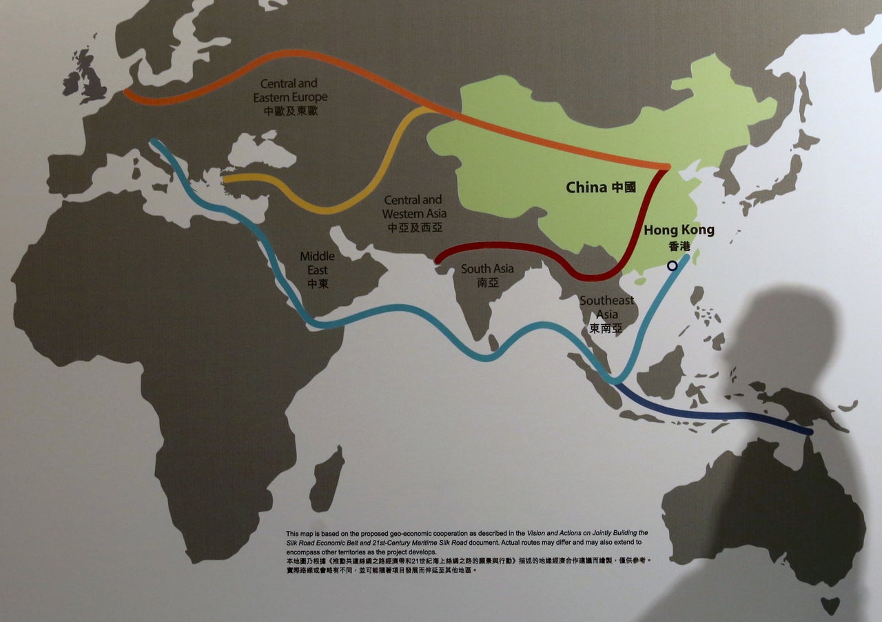 A map illustrating China's Belt and Road Initiative at the Asian Financial Forum in Hong Kong. Jan. 18, 2016.