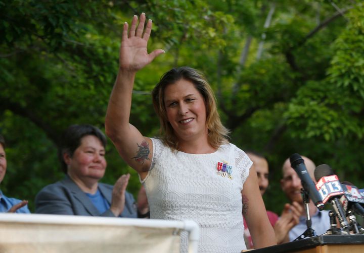 Kristin Beck, a former U.S. Navy SEAL, speaks during a same-sex marriage rally in Salt Lake City in 2014. Donald Trump's idea of the trans community is warped, she said in response to the president's announcement that he would ban transgender service members.