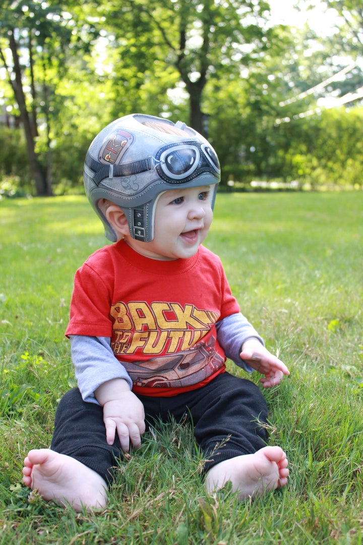 Emily and Justin Davis' son, Brendan, has a head-shaping helmet "Back to the Future" fans will love. 