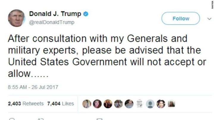 Trump begins his tweet to bar transgender Americans from military service