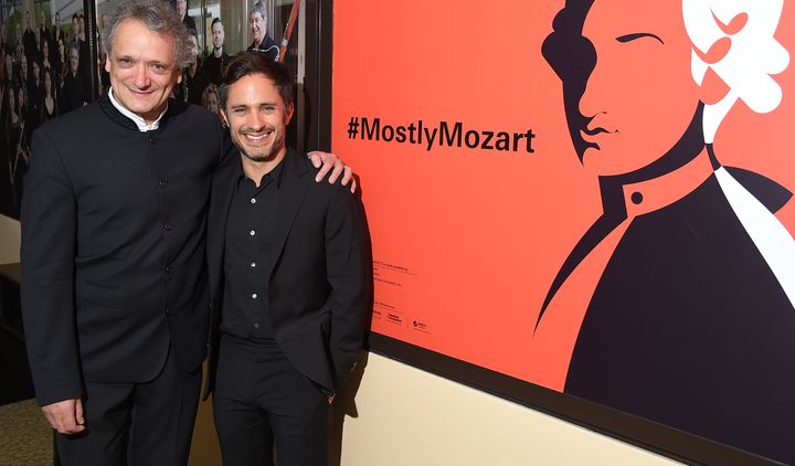 Gael Garcia Bernal and Renee and Robert Belfer Music Director, conductor Louis Langree during Lincoln Center's Mostly Mozart Opening Night Gala 