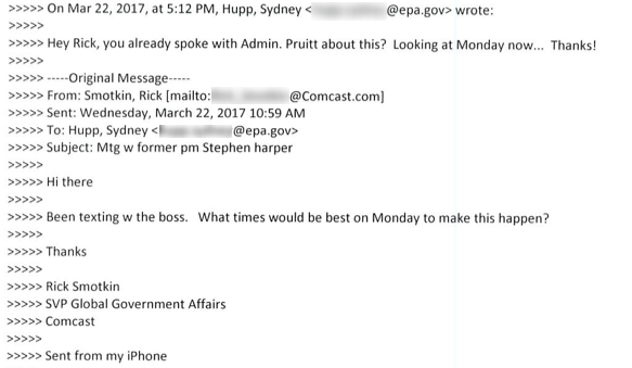 Emails exchanged between Rick Smotkin, Comcast's senior vice president of government affairs, and EPA executive scheduler Sydney Hupp reveal a chummy relationship between the lobbyist and EPA administrator Scott Pruitt, whom he referred to as "the boss."