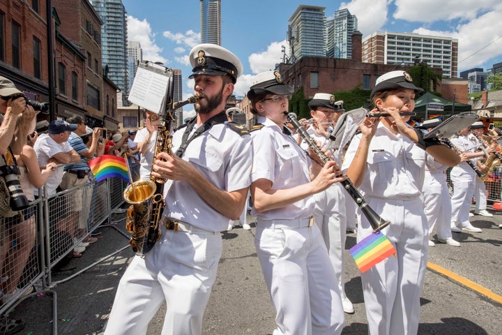 The Canadian Naval Band performs during the Toronto Pride Parade on July 3, 2016.