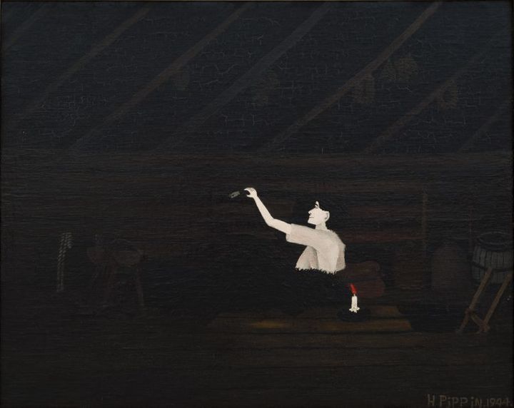 <p>Horace Pippin, “Abe Lincoln’s First Book,” 1944, oil on canvas, Carnegie Museum of Art</p>