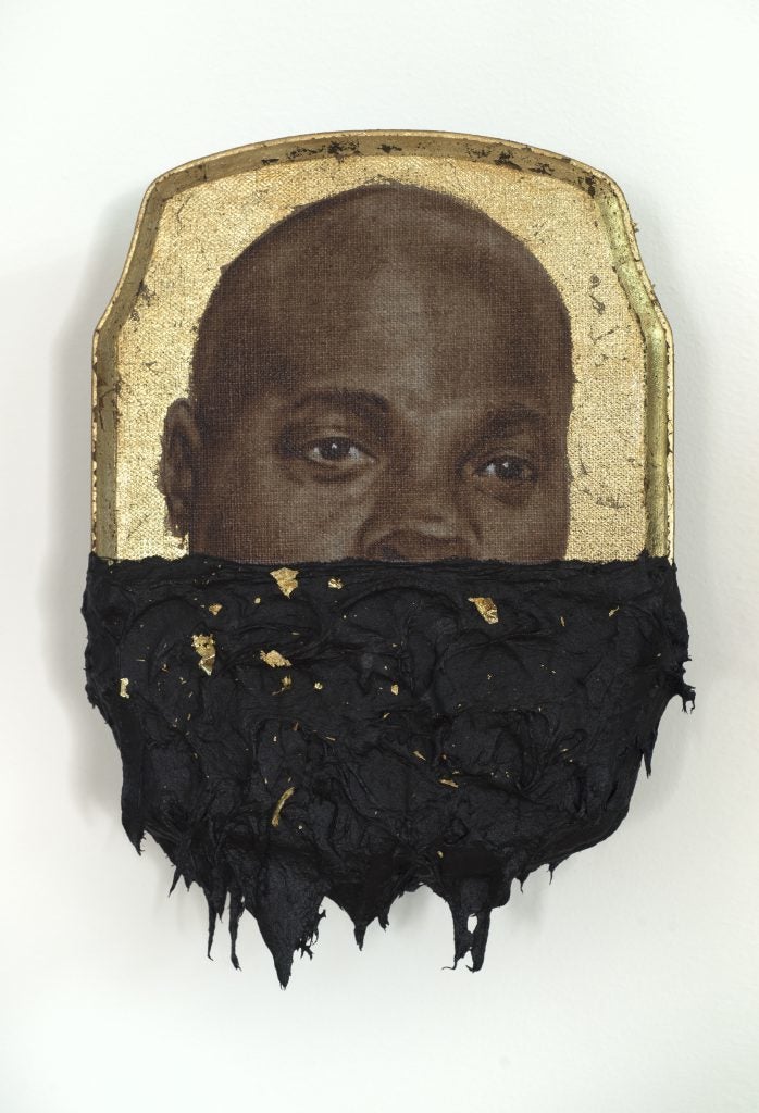 <p>Titus Kaphar, “Jerome IV,” 2014, Oil, gold leaf, and tar on wood, panel. The Studio Museum in Harlem.</p>