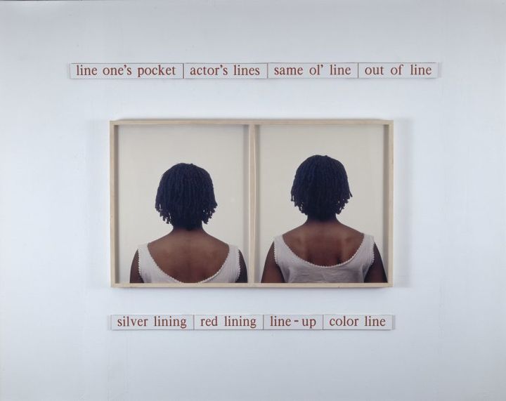 <p>Lorna Simpson, “Dividing Lines,” 1989, Dye diffusion color prints and engraved plastic plaques. The Studio Museum in Harlem. Courtesy the artist and Hauser & Wirth. Photo: Sasha J. Mendez, Copyright: Lorna Simpson</p>