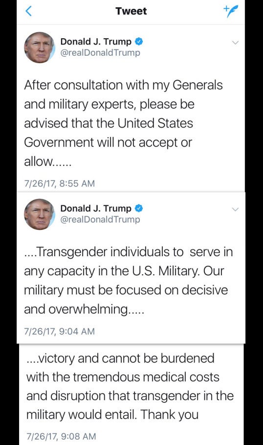 Screenshots of the trans military ban tweets