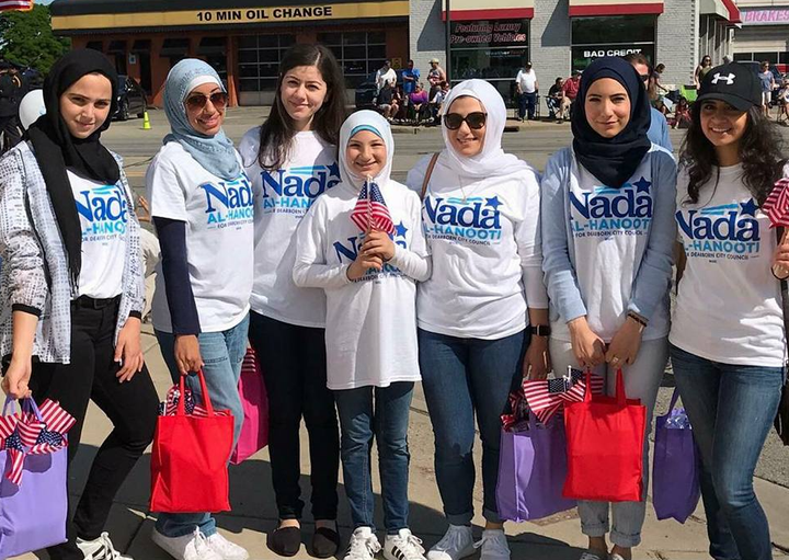 LaunchProgress-endorsed candidate Nada Al-Hanooti with supporters at her town’s Memorial Day parade. 