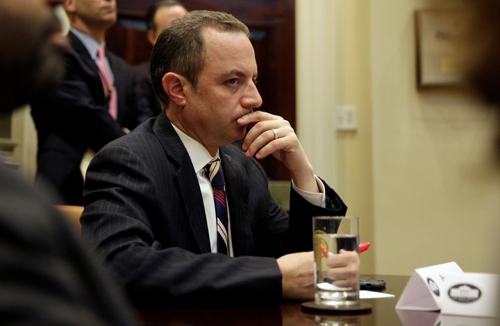 Former White House chief of staff Reince Priebus listens as President Donald Trump meets with Republican congressional leaders on June 6. He has since resigned from his position.