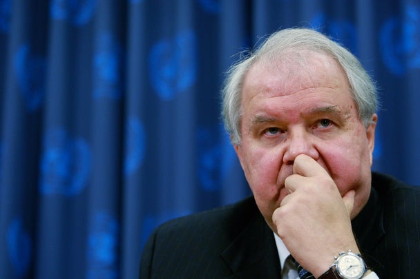 NEW YORK - OCTOBER 24: Sergey Kislyak, Russian Ambassador to the United States looks on during a press conference on nuclear non-proliferation at United Nations headquarters October 24, 2008 in New York City. The group discussed a new intitiative to 'break the logjam' on nuclear non-proliferation. (Photo by Mario Tama/Getty Images)