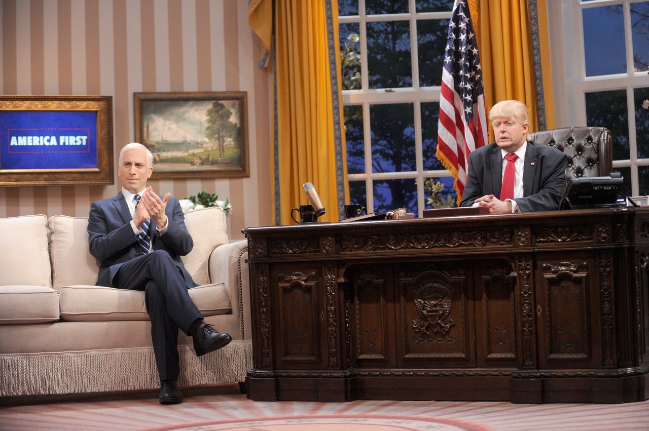 Peter Grosz as Mike Pence and Anthony Atamanuik as Donald Trump on "The President Show."