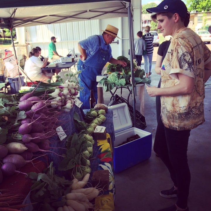 Customer at Oxford Community Market, May 2017