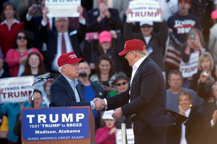 Then-Sen. Jeff Sessions (R-Ala.) endorses Donald Trump to be the Republican nominee for president during a campaign rally at Madison City Schools Stadium in Madison, Ala., Feb. 28, 2016.