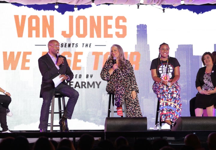 CNN's Van Jones adds writer and producer Marta Kauffman, center, and writer YoNasDa LoneWolf to a panel discussion at his We Rise event in Los Angeles on July 26.