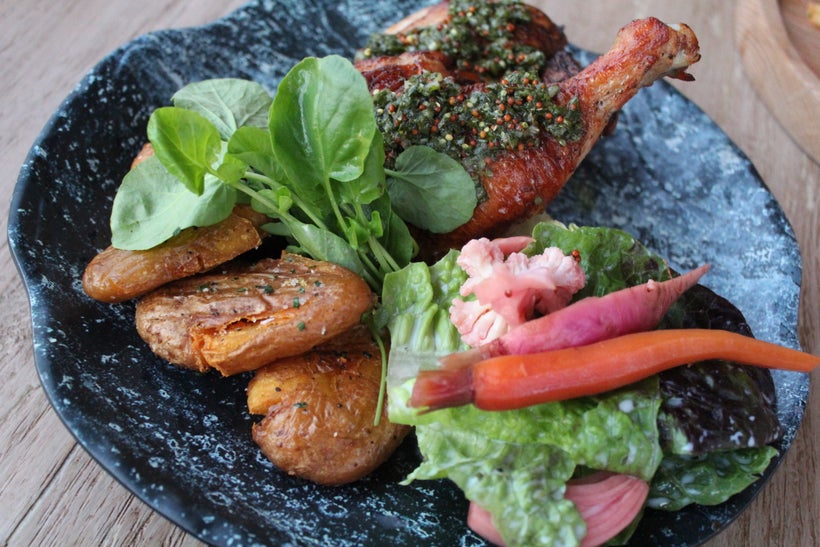 Brick Oven Chicken with mustard salsa verde, smashed herb potatoes, house pickled vegetables