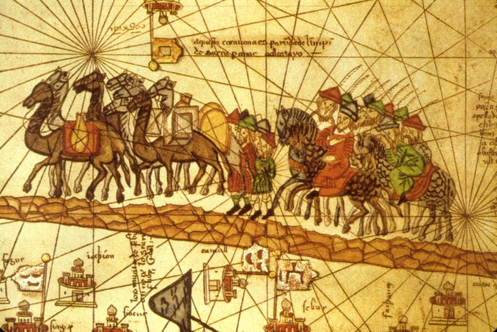 Illustrated map depicting Marco Polo's journey along the Silk Road to China.