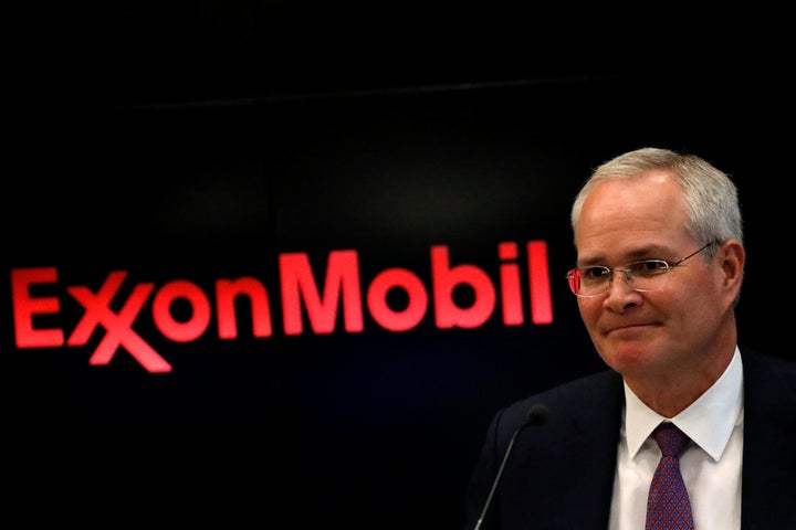 Darren Woods, chairman and CEO of Exxon Mobil, attends a news conference at the New York Stock Exchange.