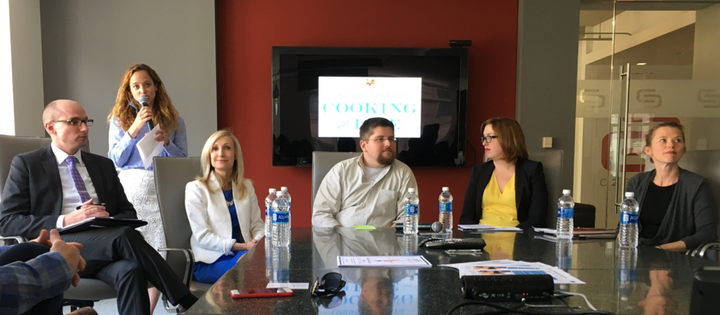 <p><em>PepsiCo’s Dan Christenson (left) and Common Threads CEO Linda Novick O’Keefe (standing) introduce panelists (left to right) Kristen Rowe, Patrick McDermott, Paula Reichel and Signe Anderson.</em></p>