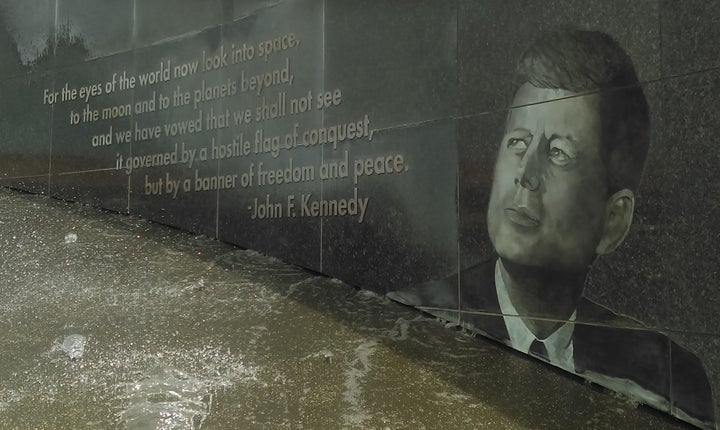 Image of Kennedy at the Kennedy Space Center, calling for the moon and planets beyond to have “a banner of freedom and peace.”