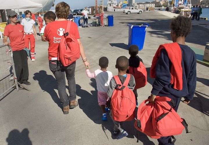 Rescued children disembark in Sicily this morning.