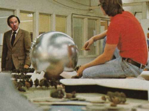 Marty Sklar in WED’s model shop in the late 1970s conferring with an Imagineer about EPCOT Center’s thesis attraction, Spaces