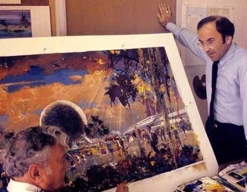 Marty Sklar talks with Herb Ryman about a concept painting for EPCOT Center’s entrance complex. 