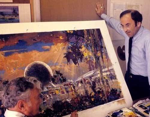 Marty Sklar talks with Herb Ryman about a concept painting for EPCOT Center’s entrance complex.