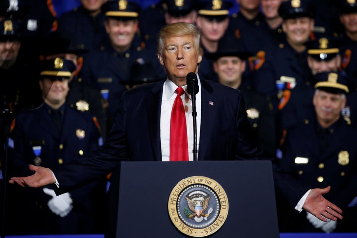President Donald Trump delivers remarks about his proposed U.S. government effort against the street gang Mara Salvatrucha, o