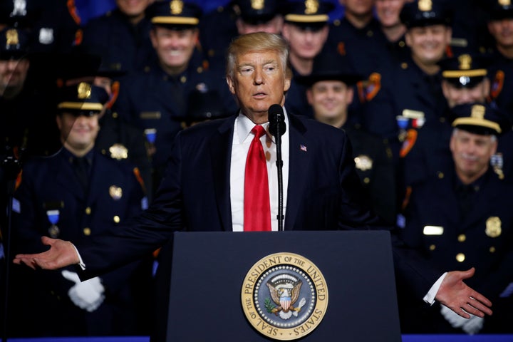 President Donald Trump delivers remarks about his proposed U.S. government effort against the street gang Mara Salvatrucha, or MS-13, to a gathering of federal, state and local law enforcement officials in Brentwood, New York on July 28.