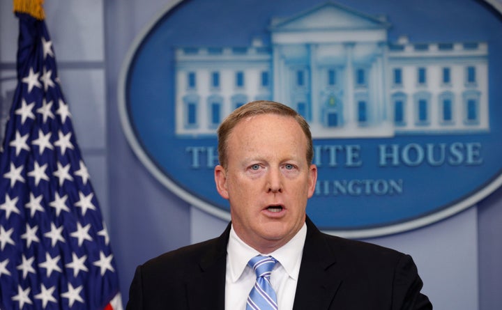 Sean Spicer, who was then White House press secretary, holds a press briefing without television cameras on June 26, 2017.