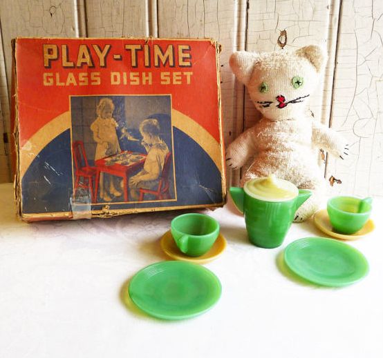 <p> <em>Play-Time Glass Dish Set in its original box. Akro Company produced a wonderful collection of dishes for little girls. Perhaps best known for their marbles, Akro Agate Company was founded in Akron, Ohio, in 1911 and moved to Clarksburg, West Virginia, in 1914.</em> </p>
