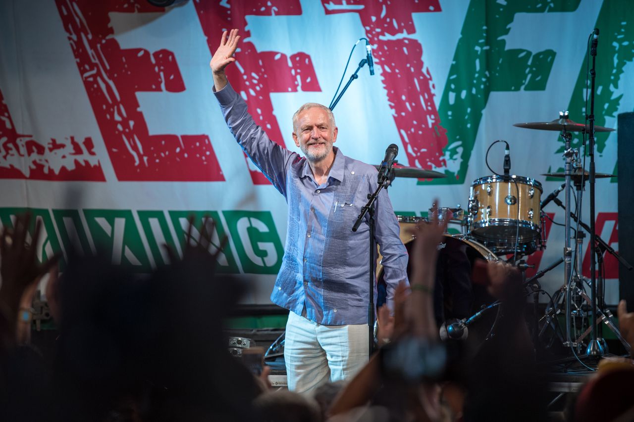 Jeremy Corbyn speaks to crowds at Left Field Stage at Glastonbury on June 24, 2017 in the wake of the general election.