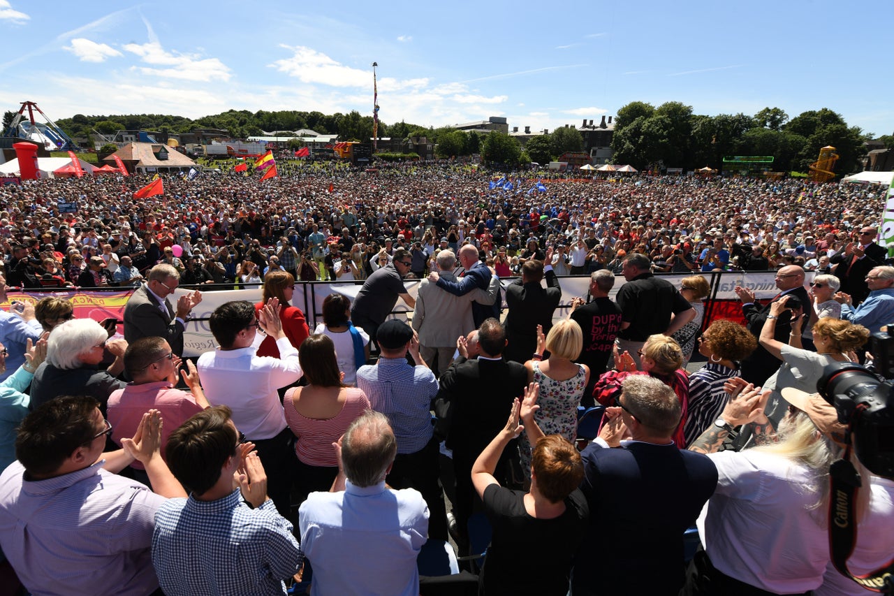 Jeremy Corbyn addresses a rally at the Durham Miners Gala in Durham, north east England on July 8, 2017. 