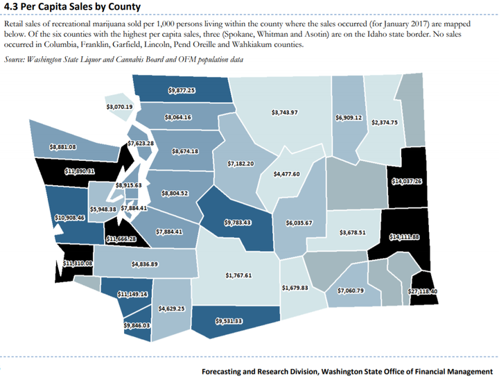 The three Washington counties with the greatest per-capita sales of marijuana all border the prohibition state of Idaho.