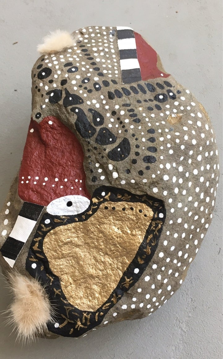 <p><em>Selknam Magic Stone</em>, 2017acrylic paint, gold, fur, canvas, 13x8x3 inches</p>