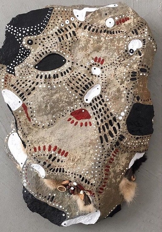 <p><em>Selknam Magic Stone, </em>2017acrylic paint, fur, natural objects, 17x9x3 inches</p>