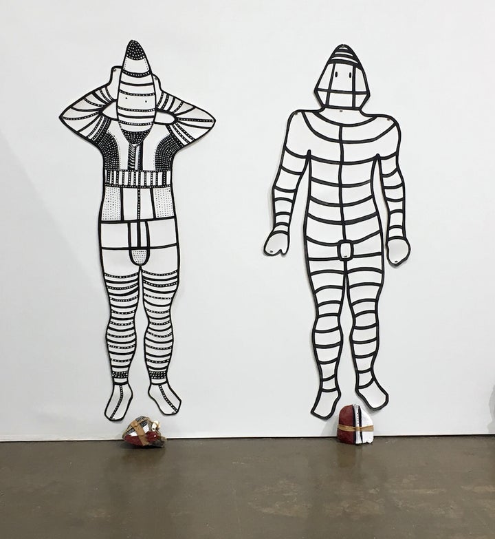 <p><em>Shoort and Ulen Shamans</em>, 2017, acrylic paint on canvas / life size silhouettes</p>