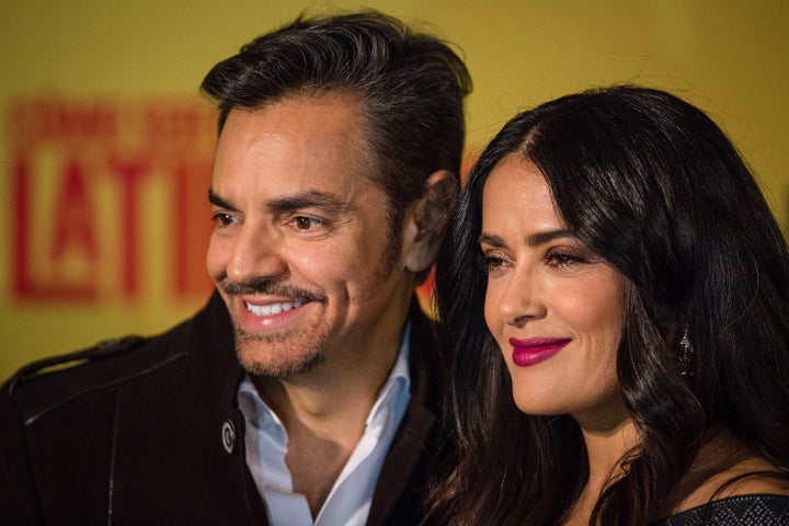 Actor Eugenio Derbez and actress Salma Hayek at a press conference for their film "How to be a Latin Lover." 