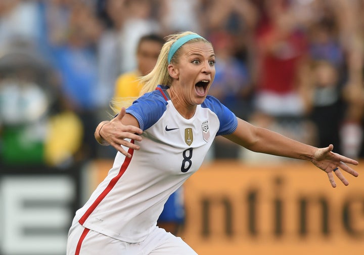 Julie Ertz reacts after scoring the game-winner against Brazil.