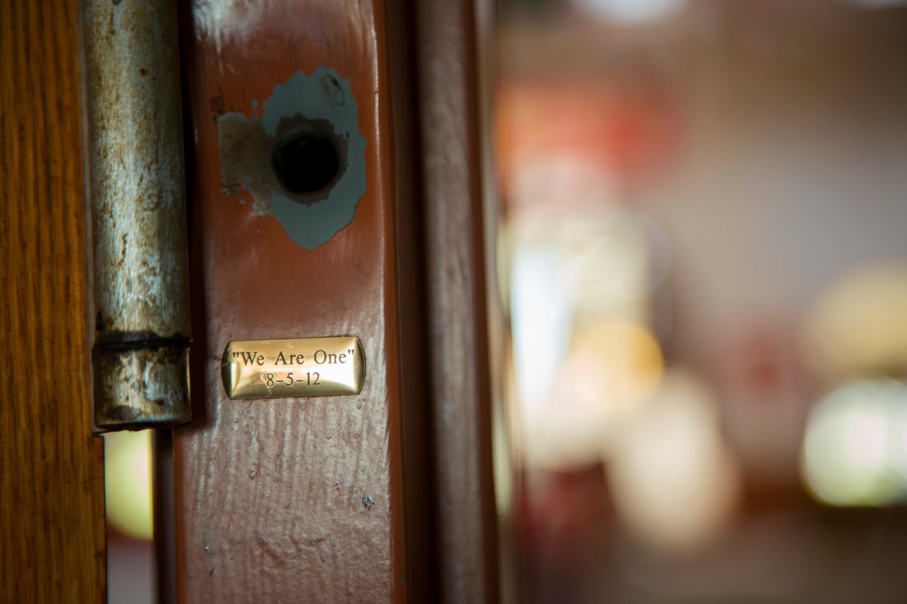 The lone bullet hole left in the Sikh Temple of Wisconsin.