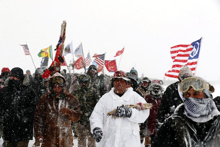 Veterans and other activists march in December 2016 against plans to pass the Dakota Access pipeline adjacent to the Standing Rock Indian Reservation. A federal judge ruled last month that the Army Corps of Engineers had moved too hastily to permit the pipeline project.